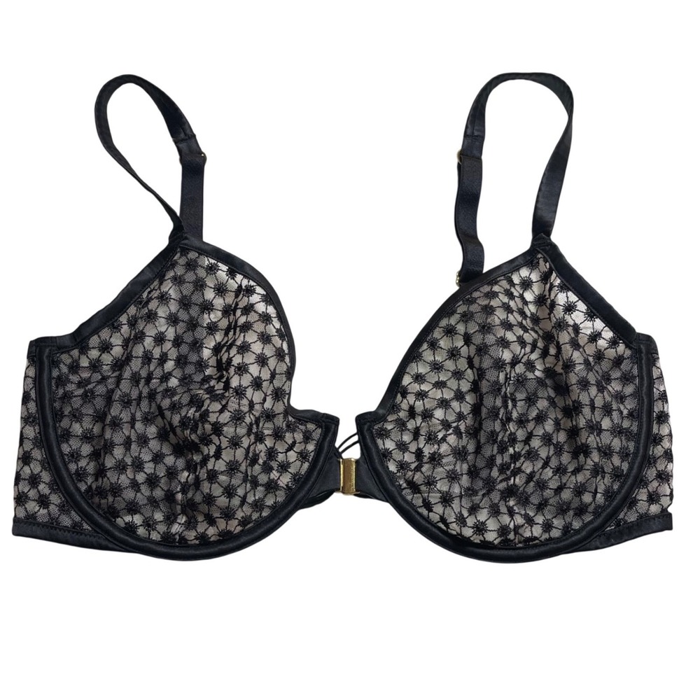 Victoria's Secret Very Sexy Starburst Black Lace Unlined Bra Front Clasp 36DDD